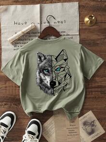 男童休闲印花圆领短袖T恤，夏季上衣 - 橄欖綠 - 查看 4