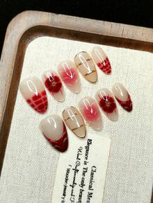 10 piezas de uñas postizas hechas a mano, forma de almendra, patrón de cuadros rojos, estilo francés, decoradas con flores rojas, líneas doradas personalizadas, estilo chica atrevida, reutilizables - Multicolor - Ver 3