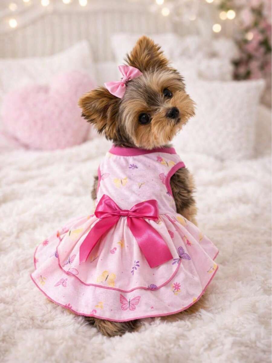 Roupa pet vestido de malha borboleta fofinho fresquinho verão para cachorras e gatas - Rosa Bebê - Visão 1