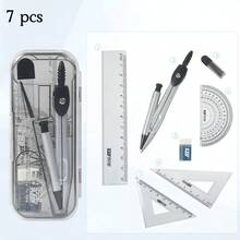 1 Set/7 Piezas Juego de Compás de Metal Negro/Azul Transparente, Estuche Duradero y Resistente a Golpes, Herramienta de Estudio y Dibujo, Temporada de Regreso a Clases