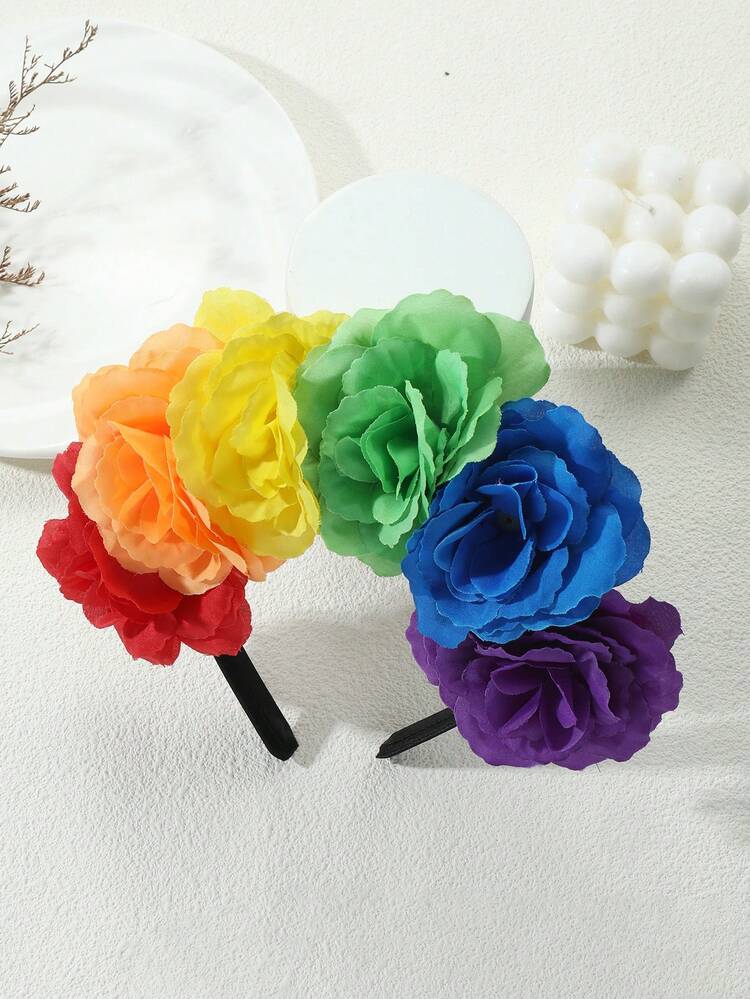 1 pieza Diadema con flor arcoíris colorida, accesorio llamativo para vacaciones y fiestas, dulce y enérgico para sesiones de fotos - Multicolor - Ver 4