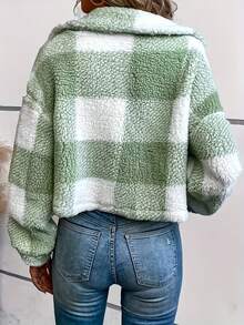 Women's Sherpa Fleece Plaid Crop Jacket - Multi-Color Cozy Casual Outdoor Coat SherpaFleeceJacket PlaidOutdoorCoat - 綠色 - 查看 5