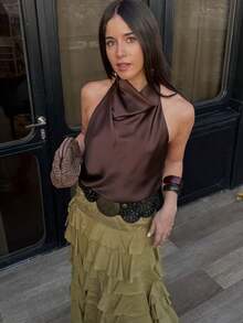 性感女士缎面露背纯色百搭女式上衣别致优雅晚宴派对女士吊带背心休闲 - 棕色 - 查看 6