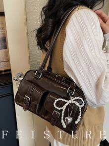 女士纯色PU多口袋保龄球包，单肩/腋下两用，饰有珍珠蝴蝶结，适合购物、约会、作为女士礼物，也适合青少年女孩、大学生、初学者和白领，是办公室、校园、工作和通勤的理想之选。 - 咖啡 - 查看 6