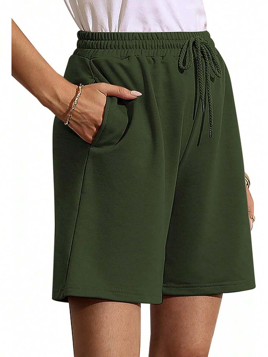 Quenteen Women's Sweat Shorts Bermuda Long Shorts Athletic Casual Loose Cotton Shorts (Available In Plus Size)A Valentine's Day 46QM - Army - 查看 1