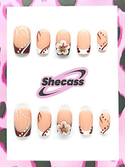 10pcs Handmade Square Nail Stickers, Brown French Floral Polka Dot Pattern, Includes 3pcs Nail Tools, Nail Glue And Accessories, Suitable For Women And Girls For Party, Travel, School And Daily Wear, Summer Nails, Travel, Vacation, Music Festival Nail Supplies