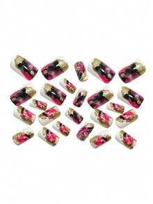 24片可重复使用的方形美甲贴纸，哑光粉色和金色条纹，适合女性和女孩，包含1个指甲锉，Y735 粉金 - 彩色 - 查看 3