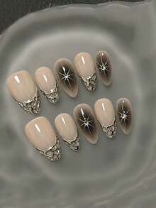 Ten Luxurious Vintage Handmade Nail Art Pieces, Exuding A Noble Style. These Handmade False Nails Are Luxurious And High-End, Featuring Medium Almond-Shaped Press-On Design. Perfect For Spring, These Reusable False Nails Make A Lovely Gift For Women, Showcasing Nail Art Artistry. Suitable For Girls Or Ladies For Everyday Wear, Whether For Parties Or General Party Occasions. Nail Supplies - Multicolor - View 4