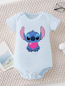 Disney Baby Clothing, Newborn  - Unisex - Disney Stitch Creative Cartoon Print - Crawling And Toddling Stage Set - Summer Outdoor Casual Crewneck Crawling Coverall With Triangle Hem Design - Summer Essential Item - Fun-Filled - Adorably Cute - Perfect Holiday Gift For Infants And Toddlers - 淺藍色 - 查看 2