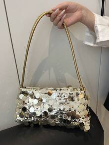 Túi xách đính sequin thời trang, túi đeo vai màu trơn thanh lịch, túi tote đa năng màu trơn giản dị. - Vàng - Xem 4