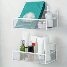 2pcs/1pc Wall Mounted Makeup Organizer, Makeup Storage Rack, Shower Caddy, Bathroom Storage Shelf, Kitchen Rack, Wall Mounted Bathroom Organizer, Iron Storage Basket, Suitable For Cosmetics And Bath Products, Shower Rack For Shampoo, Toner And Makeup, Bathroom Accessories, Dorm Supplies, RV Accessories - Multicolor - View 14