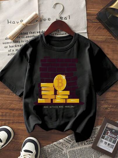 Summer Short Sleeve T-Shirt Women Men Bitcoin Graphic Print Crew Neck Tee Casual Streetwear Loose Fit Top With Brick Wall & Crypto Coin Design "MORE BITCOIN MORE PROBLEMS" Slogan  Y2K Aesthetic Soft Cotton Blend Tee For Daily Wear Vacation