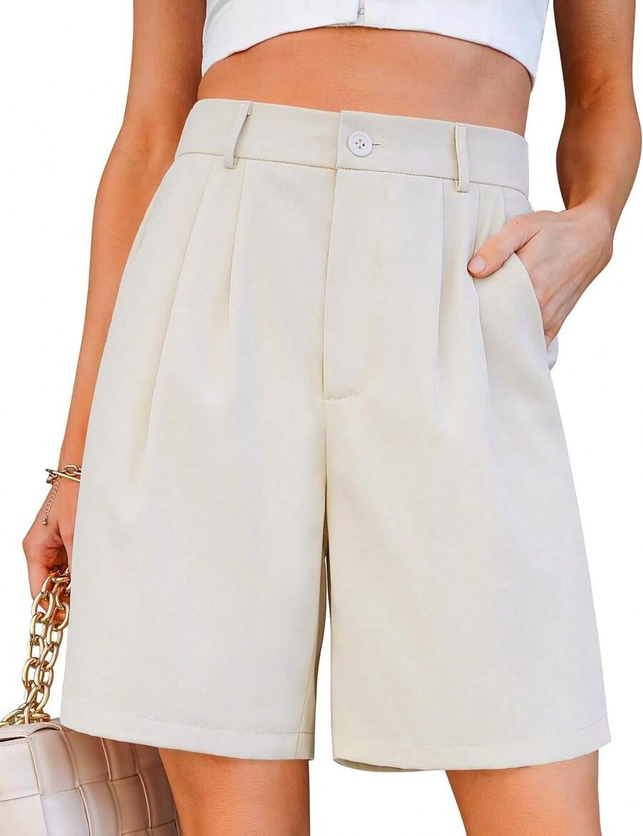 Bermuda Shorts Women Dressy Casual High Waisted Summer Work Elastic Waist Pleated Dress Shorts With PocketsA Valentine's Day U6EB - 卡諾裡奶油 - 查看 1