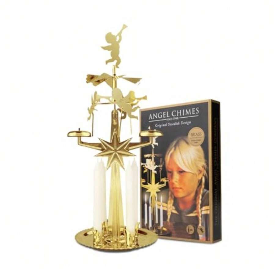 The Original And Traditional Decorative Swedish Candle For Christmas - Metal Chime Carousel Authentic Scandinavian Decoration And Ornament For Home And Kitchen +4 Candles - Gold - View 1