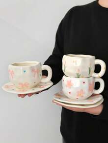 一套花卉图案陶瓷咖啡杯碟，欧式简约风格陶瓷杯碟，咖啡杯碟，手绘简约杯碟，家用早餐牛奶杯，咖啡杯，果汁杯，水杯，下午茶杯，礼品杯 - 彩色 - 查看 4