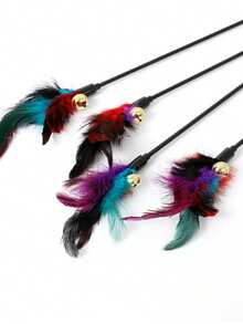 3pcs Interactive Cat Teaser Wands, Colorful Feather Cat Toys With Bells On Short Plastic Sticks - Purple - View 5