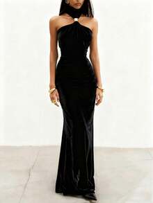 2026 Autumn New Backless Elegant Metal Buckle Dress With Metal Decor Halter Fishtail Hem, Black, Suitable For Women's Birthday, Vacation, Streetwear, Elegant Dress, Concert Dress, Beach Dress, Summer Dress, Party Dress, Wedding Guest Dress Spring - Black - View 5