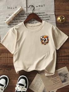 Camiseta de cuello redondo de manga corta con estampado informal para niños preadolescentes, top de verano - Albaricoque - Ver 5