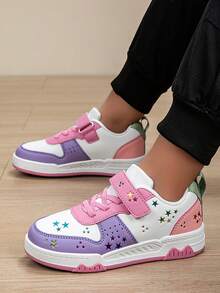 1双女童星形印花魔术贴休闲运动鞋，适合春秋季穿着 - 粉紅紫色 - 查看 4