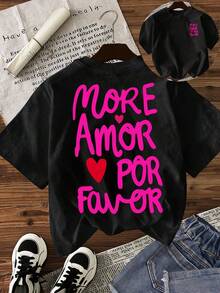 Camiseta de manga corta con cuello redondo y estampado de eslogan, de verano, para mujer de talla grande, color negro - Negro - Ver 1