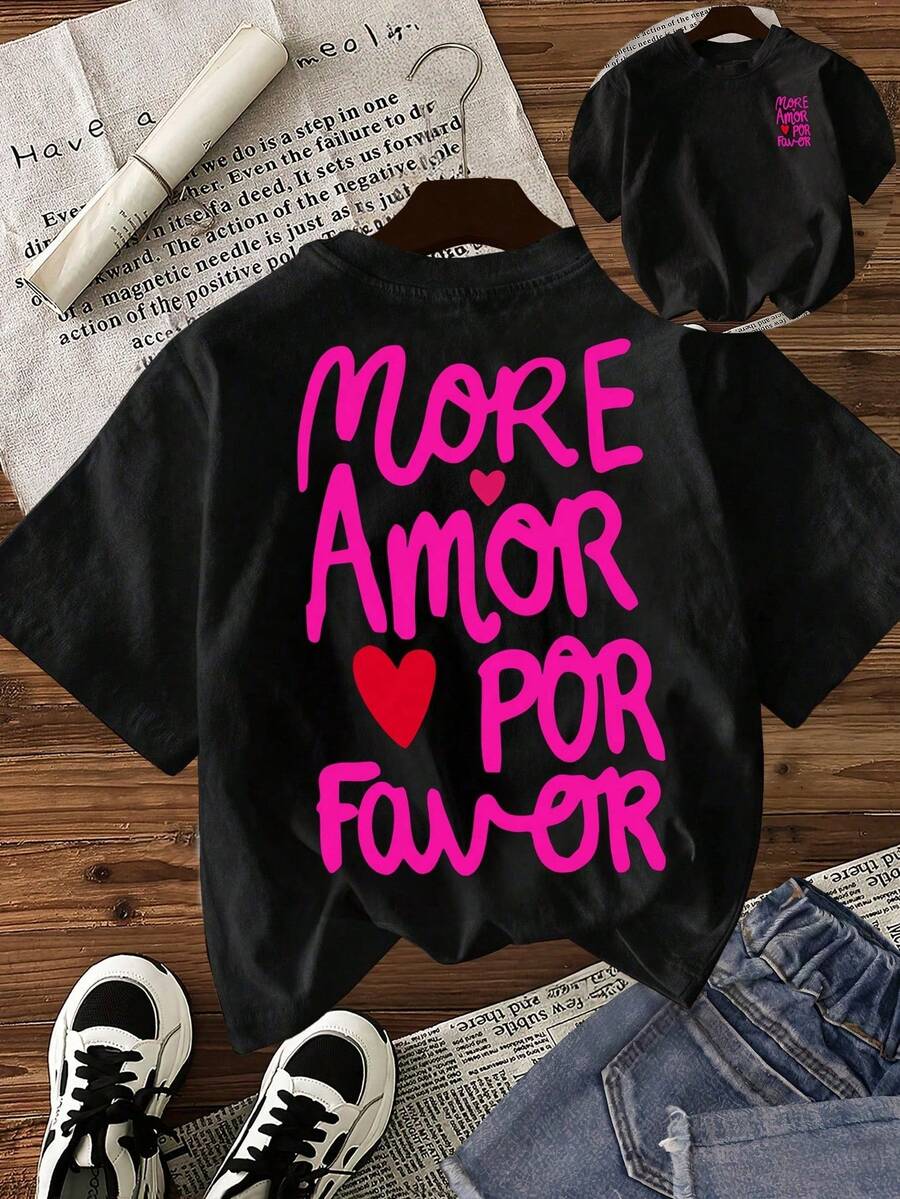 Camiseta de manga corta con cuello redondo y estampado de eslogan, de verano, para mujer de talla grande, color negro - Negro - Ver 1