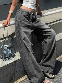 Casual American Street Style Minimalist Daily Commute Versatile Women Jeans, Oversized Boyfriend Style Women's Pocketed Wide Leg Relaxed Casual Jeans, Women Curve Jeans For Women, Valentine/Christmas/New Years Outfit, Holiday Gift - 灰色 - 查看 3