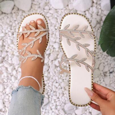 Summer New Rhinestone Leaf Decor Flat Slippers