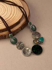 1pc Vintage Western Boho Luxury Floral Textured Pendant Necklace For Women - màu xanh lá - Xem 6