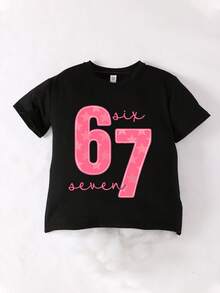 女童67星图案印花圆领T恤，休闲夏季上衣，新品上市 - 黑色 - 查看 2