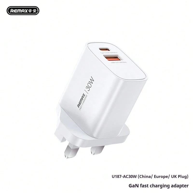 Remax 30W GaN Charger, Compatible With Apple & Android Phones/Tablets, Portable PD Fast Charging Adapter With Foldable Plug, USB-C Wall Charger U187-AC30W