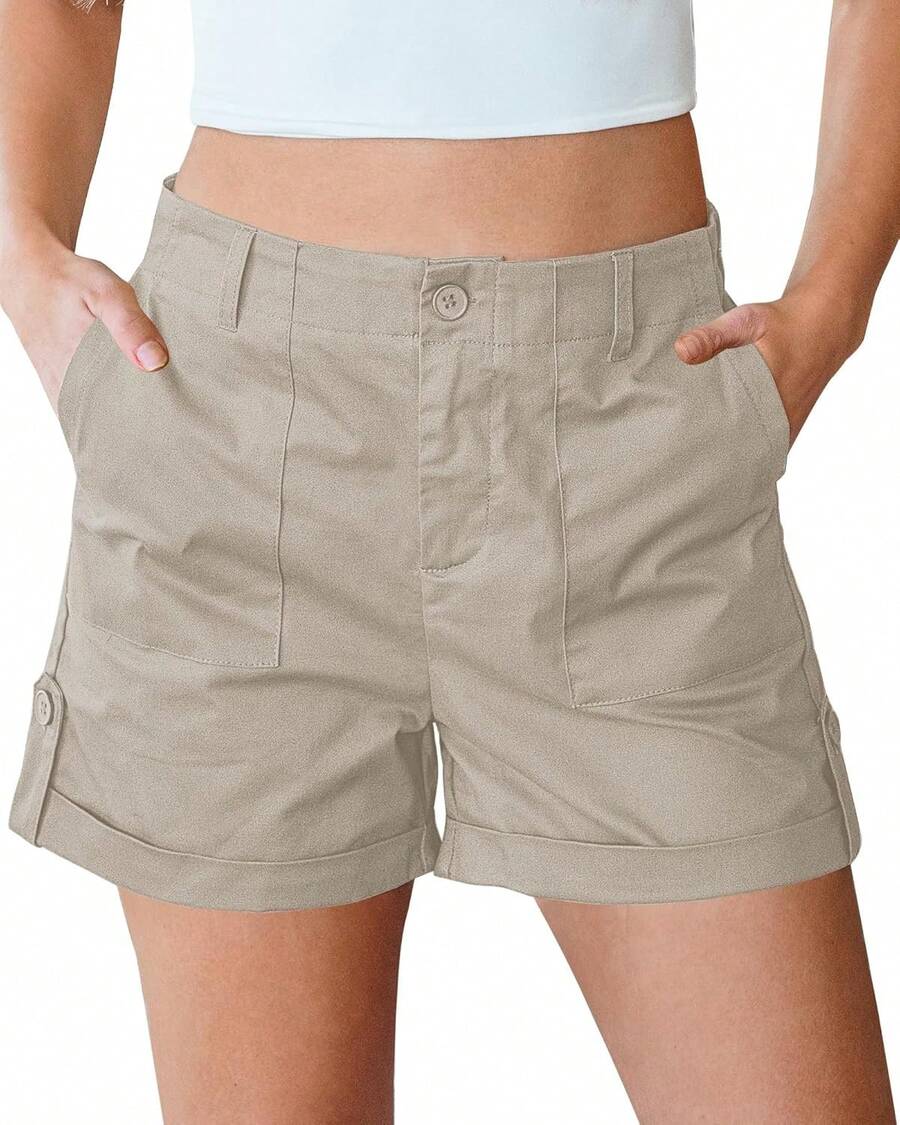 Shorts Women High Waisted Dressy Casual Summer Elastic Waist Comfy Rolled Hem Stretch Twill Pocket ShortsA Valentine's Day GQEL - 牡蠣灰 - 查看 1