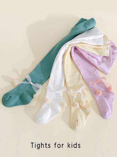 4 Pairs Baby/Toddler Girls' Cute Bow Decor Candy Color Stirrup Tights, Suitable For Daily Wear, All Seasons