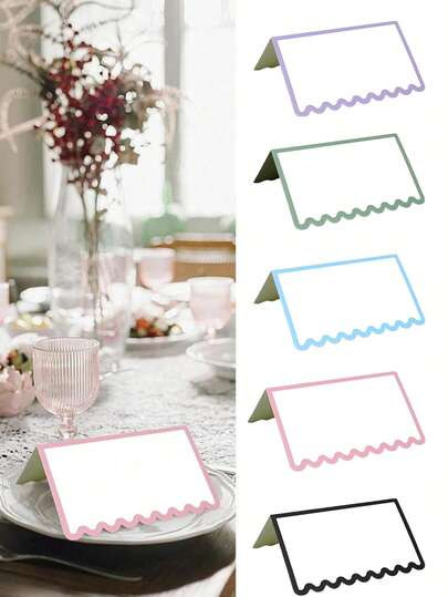10张空白波浪形席位卡，2 x 3.5英寸纸质帐篷式座位卡、姓名标签、桌卡，适用于性别揭晓派对、生日派对、周年纪念派对、婚礼和节日晚宴（粉色、蓝色、绿色、紫色、黑色可选）