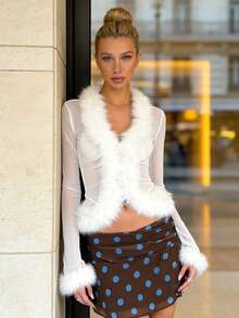 Tops de mujer de manga larga con escote en V profundo, moda de color sólido con ribete de felpa, camisas ajustadas - Blanco - Ver 3