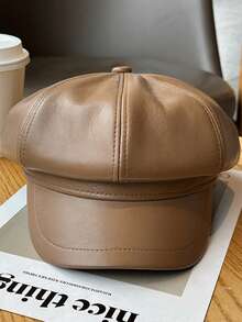 1pc Unisex Retro British Style Octagonal PU Leather Cap, Solid Color Casual For Spring, Autumn And Winter - Multicolor - View 3