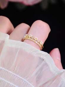 1pc Luxury Sweet Gentle Cute Copper Material Double Layer Flower Zirconia Stone Ring, Suitable For Teenage Girls, Valentine's Day, Daily Wear, Festivals