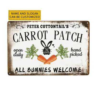 1pc Customized Easter Metal Sign - Farmhouse Style Carrot Field Design With Rabbit Silhouette, 8x12 Inch Indoor/Outdoor Wall Decor, No Electricity Needed, Customizable Name And Logo, Easter Home Decor, Vintage Metal Art | Durable Metal Sign