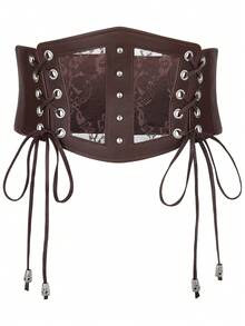 1件女士文艺复兴风格配饰咖啡棕色弹力腰带束身胸衣蕾丝网纱性感收腰带，适合万圣节派对或日常穿着 - 咖啡棕 - 查看 4