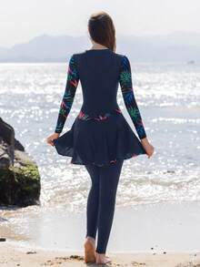 中东风格长袖连体裤印花保守女士布基尼全身泳衣，夏季海滩 - 藍色 - 查看 2