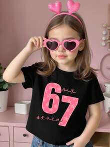 Camiseta de manga corta casual con cuello redondo y estampado numérico para niña - Negro - Ver 1