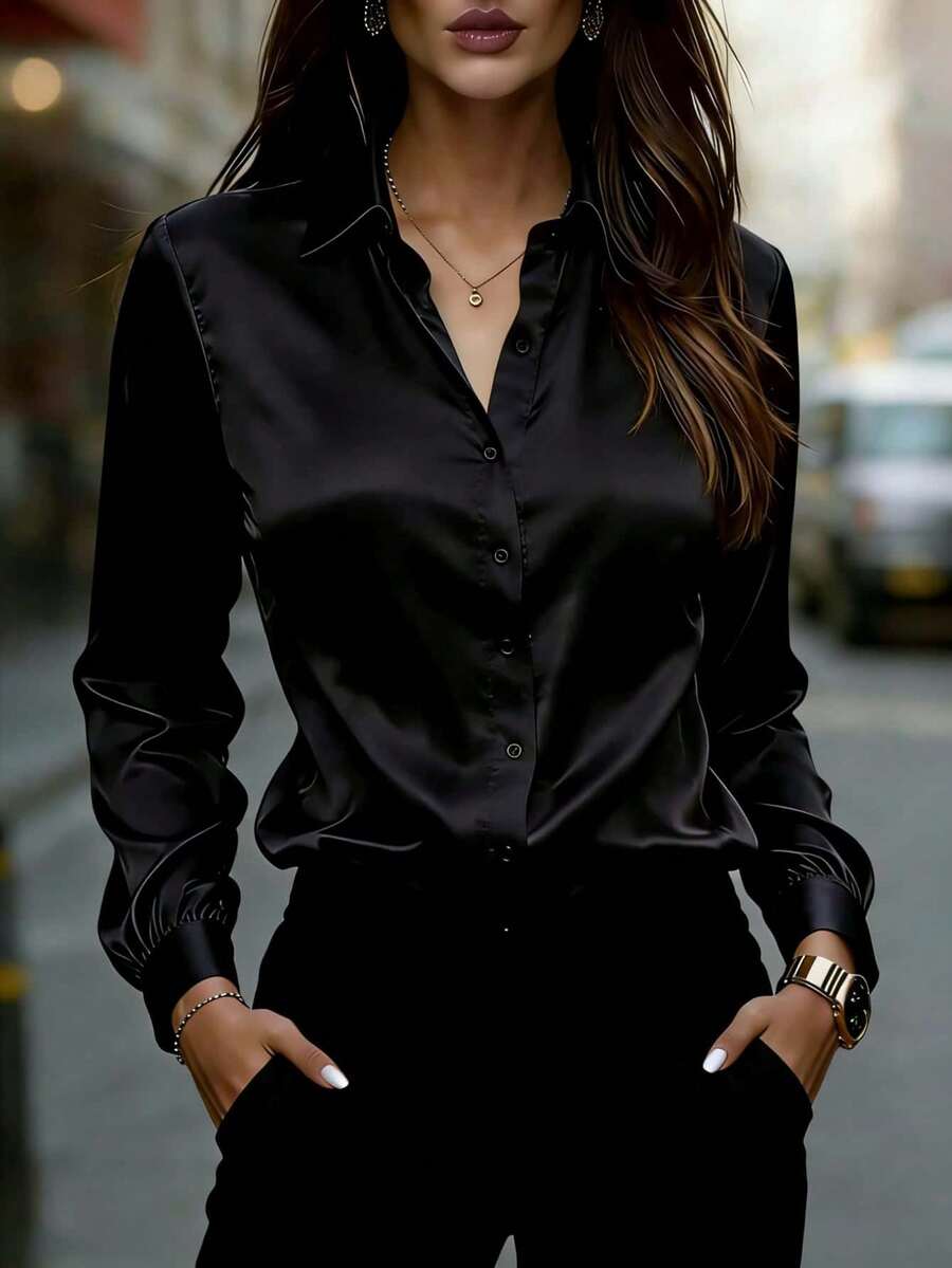 Women's Satin Long Sleeve Collared Shirt, Elegant Polyester Blouse Top Black Spring