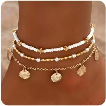 Pulseras de tobillo con conchas marinas para mujeres, pulseras con estrellas de mar, pulseras de tobillo bohemias multicapa con conchas puka, pulseras con conchas cowrie, joyería de cadena para el pie de verano hawaiano en la playa