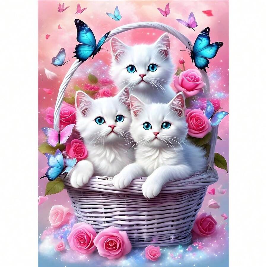 GDYEEH DIY 5D White Kitten Diamond Art Kits, Round Full Drill Butterfly Cat Diamond Painting Picture, Flower Basket Painting By NFUmbersss Art Kits For Adults Beginners Home Wall Decor 12x16 Inch - UCGD397 - 查看 1