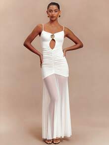 UNITHORSE Women's Spaghetti Strap Backless Dress With Pleated Hollow-Out Design, Mesh Patchwork Party Dress - White - View 2