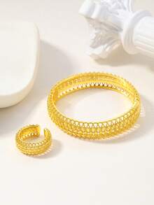 2件套复古镂空雕花手镯戒指套装，适合日常佩戴、聚会、节日、送礼。 - 金黃色 - 查看 4