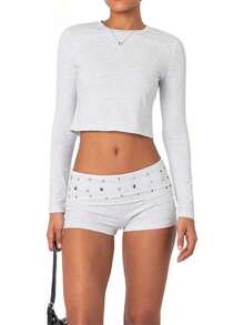 Women Low Waist Studs Fold Over Micro Short Punk Y2K Casual Bottoms Shorts Pj Yoga PajamasA Valentine's Day YBLO - 灰色的 - 查看 1