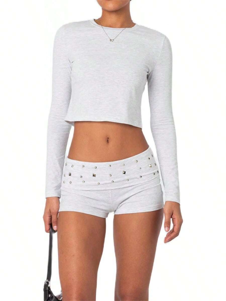 Women Low Waist Studs Fold Over Micro Short Punk Y2K Casual Bottoms Shorts Pj Yoga PajamasA Valentine's Day YBLO - 灰色的 - 查看 1