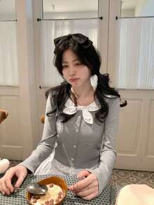 女士法式灰色长袖T恤，春秋新款，波点蝴蝶结圆领露脐上衣 - 灰色 - 查看 3