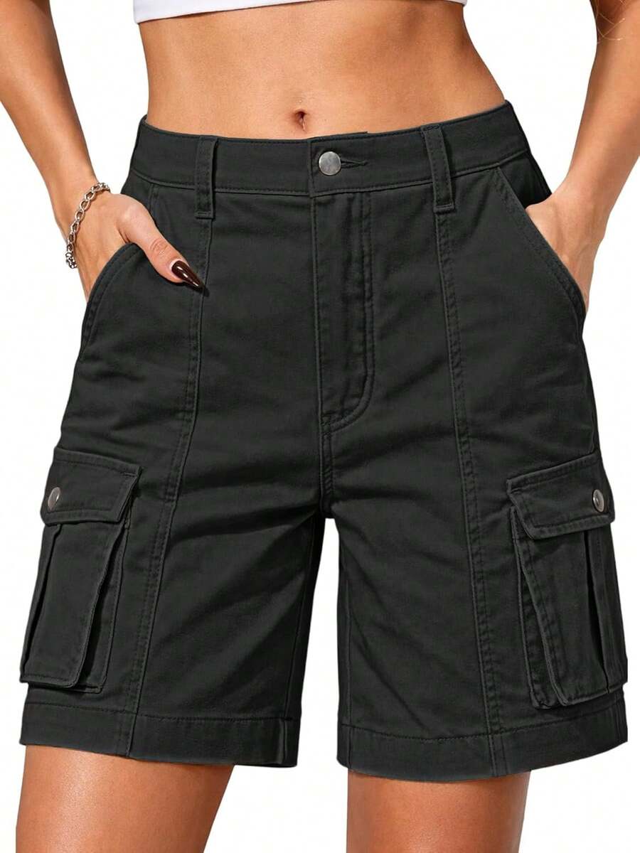 ELLEVEN Bermuda Cargo Shorts Women, Elastic High Waist 6 Pockets Shorts Inch Inseam Summer Jorts Women CasualA Valentine's Day 4RIF - 黑色 - 查看 1
