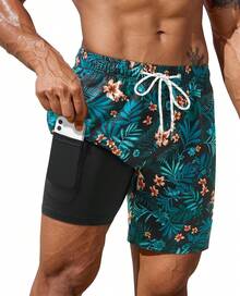 7inch Mens Swim Trunks: With Compression Liner Zipper Pocket Drawstring Quick Dry Stretch Lined Tree Beach PoolA Valentine's Day EEC3 - Green Leaf and Red Floral - View 7